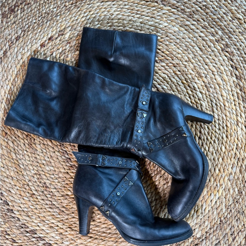 Via Spiga Tall Black Leather Metal Studs Women's Boots